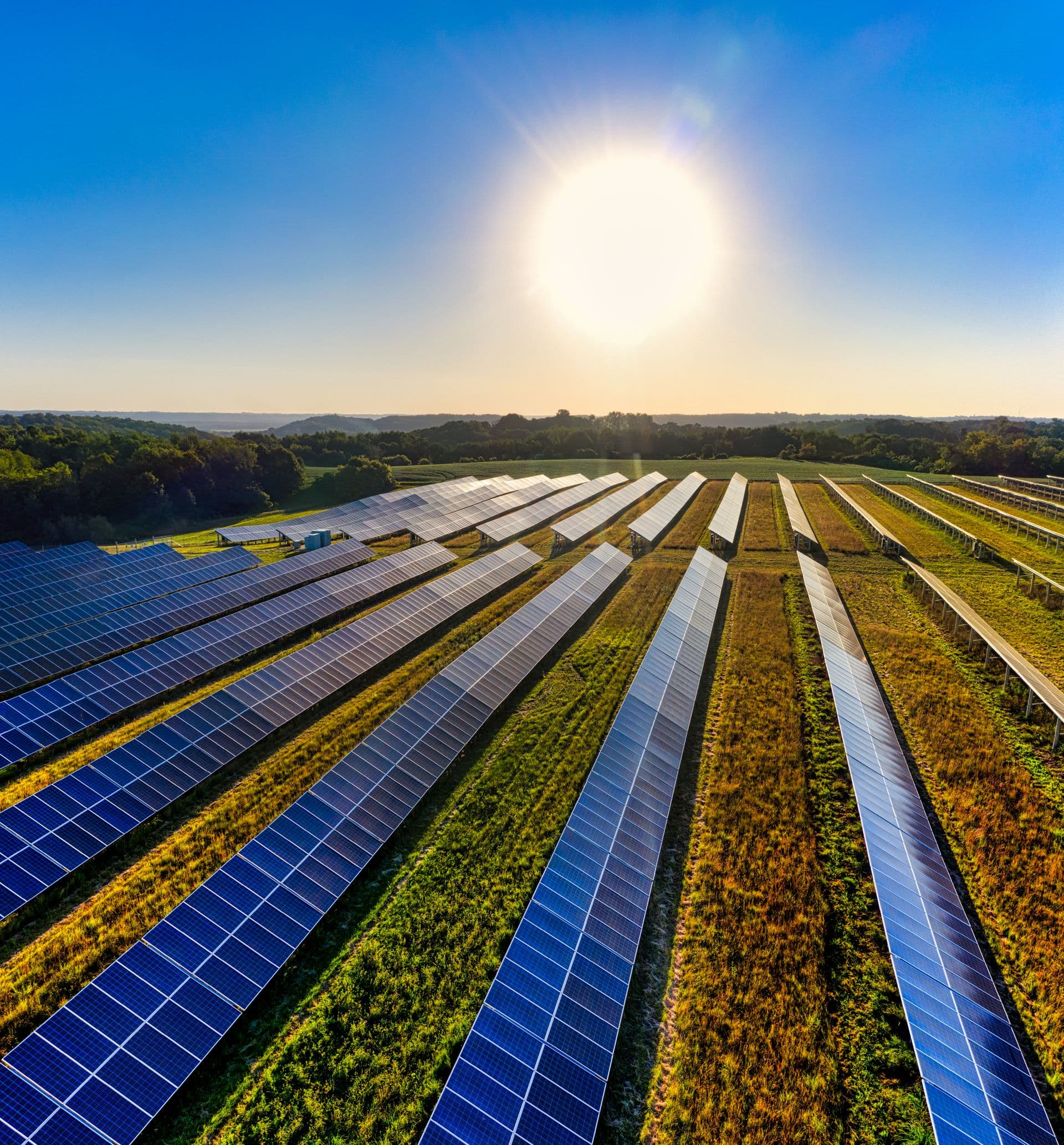 Parlak güneş ışığı altında havadan güneş enerji çiftliği